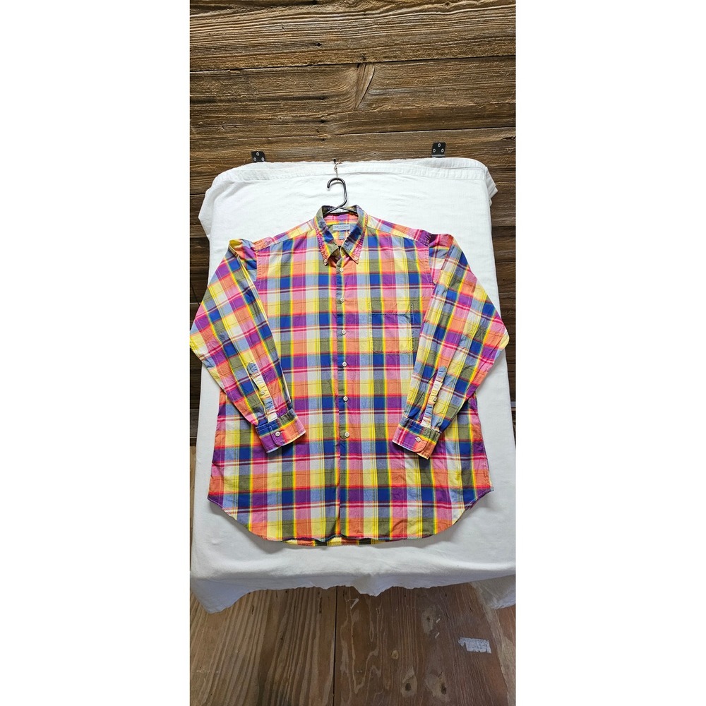 Bullock & Jones Mens Rainbow Plaid Button Down Shirt Multi Color Madras XL